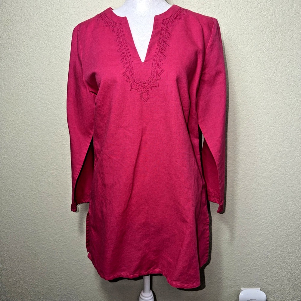 La Redoute Pink Linen V-Neck Kaftan Shirt Womens M 8 Embroidered Boho Tunic Top